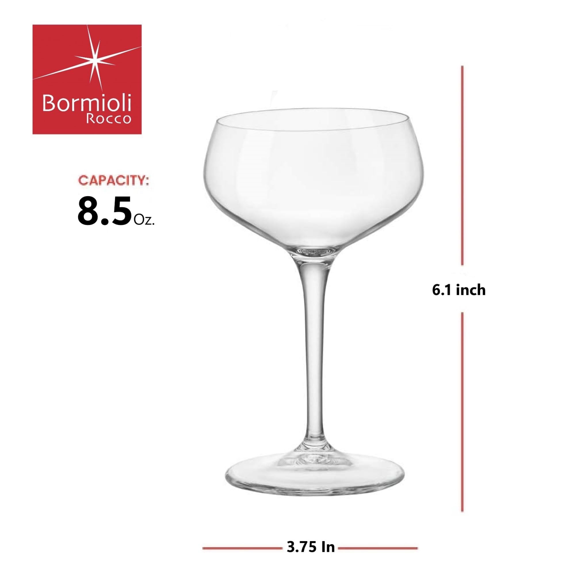 Bormioli Rocco,glass Novecento Stemware Cocktail Coupe-Gift Box of 4, 4 Count (Pack of 1), Clear,8.5 OUNCES