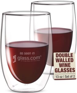 eparé stemless wine glasses - 13 oz set of 2 double-walled hand blown no stem wine glasses - stemless red & white clear wine glass tumblers for wedding