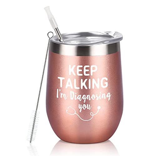 Qtencas Psychology Gifts, Keep Talking I'm Diagnosing You Wine Tumbler, Speech Language Pathology Gifts for Psychologist Therapist Therapy School Counselor, 12oz Stainless Steel Tumbler, Rose Gold