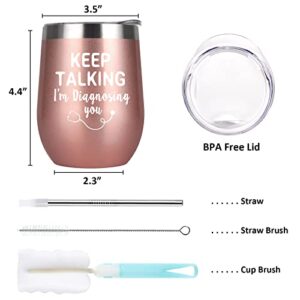 Qtencas Psychology Gifts, Keep Talking I'm Diagnosing You Wine Tumbler, Speech Language Pathology Gifts for Psychologist Therapist Therapy School Counselor, 12oz Stainless Steel Tumbler, Rose Gold