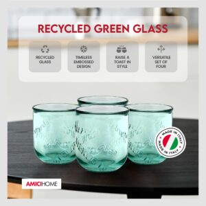 Amici Home Vino Stemless Wine Glasses | 12 Oz | Italian Made, Recycled Green Glass | Cute Water Tumblers for Wine, Beer, Juice, Cocktails, Fresh Drinks (Set of 4)