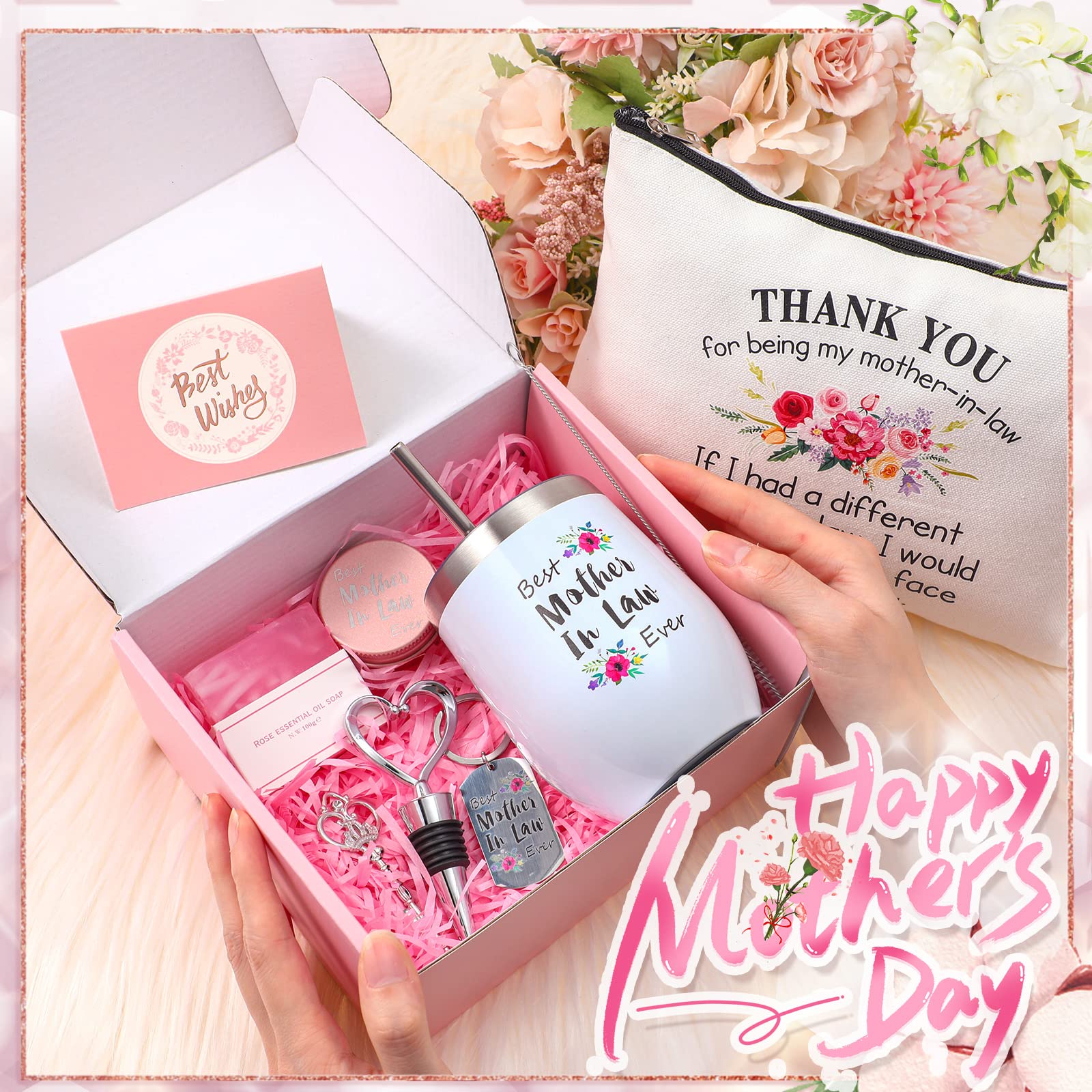 Nuanchu Mother Gift Set Birthday Gifts for Mom from Daughter Son Thank You Gift Relaxing Spa Gift Basket Makeup Bag Keychain 12 oz Wine Tumbler with Lid Straw Brush Mothers Day Gift (Mother in Law)