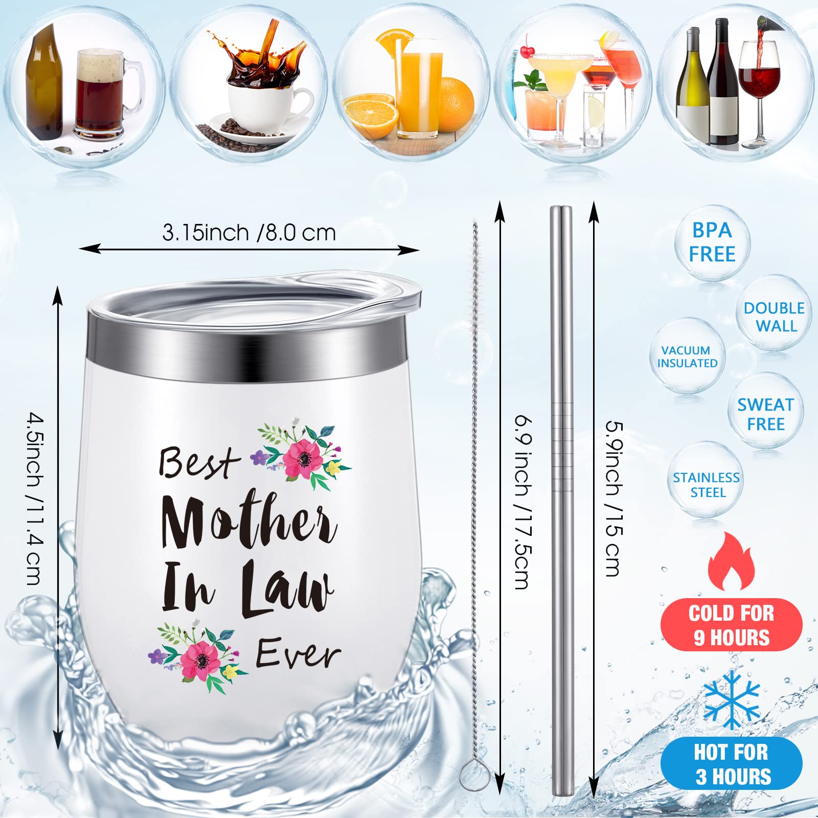 Nuanchu Mother Gift Set Birthday Gifts for Mom from Daughter Son Thank You Gift Relaxing Spa Gift Basket Makeup Bag Keychain 12 oz Wine Tumbler with Lid Straw Brush Mothers Day Gift (Mother in Law)