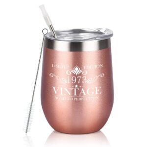 qtencas 1973 50th birthday gifts for women vintage 1973 aged to perfection 50 years old gifts for women wine tumbler, 12 oz insulated stainless steel wine tumbler for birthday anniversary, rose gold