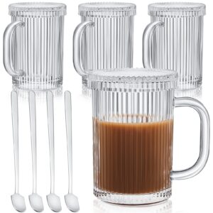 suclain 4 pieces glass coffee mugs clear vertical stripes tea mug with lid and spoon ribbed glasses for espresso milk chocolate latte juice anniversary and birthday, 11.8 oz