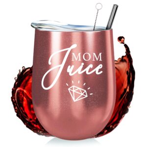 Mom Stainless Steel Wine Tumbler - 12oz with Steel Straw, BPA Free Lid, & Straw Cleaning Brush - Stemless Insulated Wine Tumbler with Lid - Gift for Mothers who Love Coffee, Tea - Mom Juice