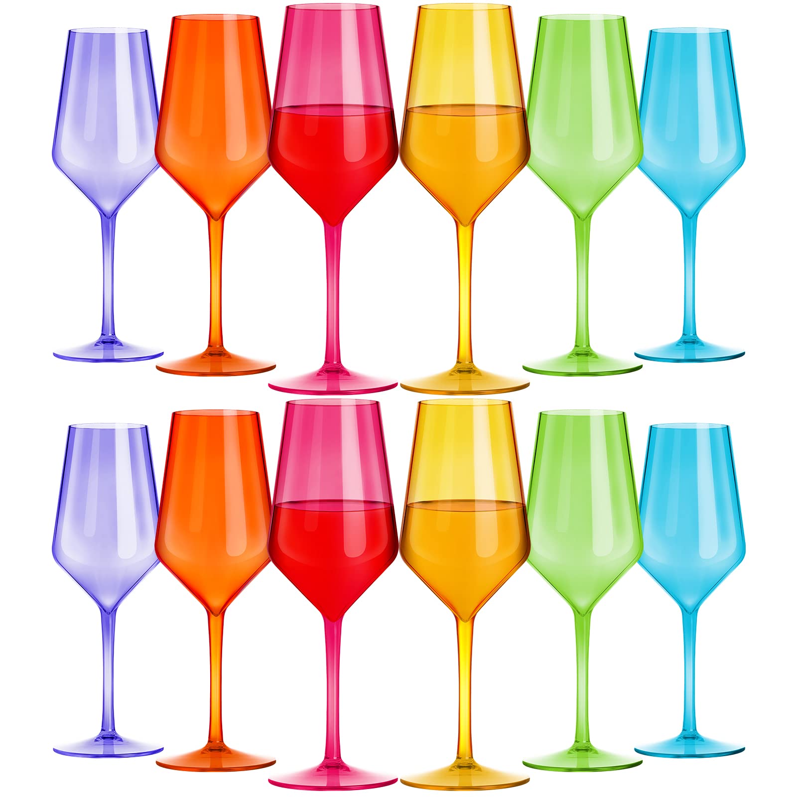 Shellwei 12 Pieces Plastic Wine Glass Colorful Plastic Goblets Stemmed Drinking Glasses Reusable Wine Glasses Set Drinkware for Party Wedding Restaurant Anniversary Christmas Birthday, 6 Colors