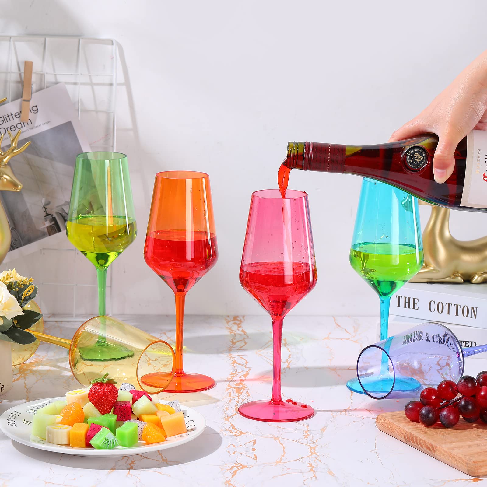 Shellwei 12 Pieces Plastic Wine Glass Colorful Plastic Goblets Stemmed Drinking Glasses Reusable Wine Glasses Set Drinkware for Party Wedding Restaurant Anniversary Christmas Birthday, 6 Colors