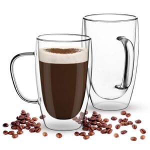 comooo 16oz 2 pack double walled glass coffee mugs, clear glass coffee cups insulated glass mugs with handle for coffee, tea, latte, espresso, cappuccinos