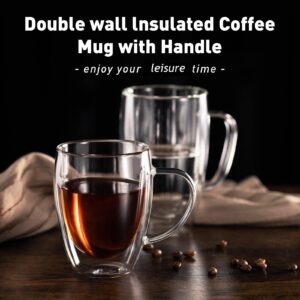 COMOOO 16oz 2 Pack Double Walled Glass Coffee Mugs, Clear Glass Coffee Cups Insulated Glass Mugs with Handle for Coffee, Tea, Latte, Espresso, Cappuccinos