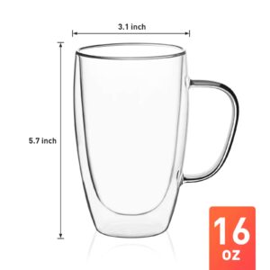 COMOOO 16oz 2 Pack Double Walled Glass Coffee Mugs, Clear Glass Coffee Cups Insulated Glass Mugs with Handle for Coffee, Tea, Latte, Espresso, Cappuccinos