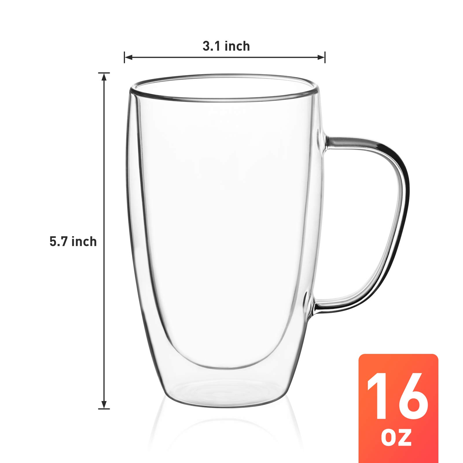 COMOOO 16oz 2 Pack Double Walled Glass Coffee Mugs, Clear Glass Coffee Cups Insulated Glass Mugs with Handle for Coffee, Tea, Latte, Espresso, Cappuccinos