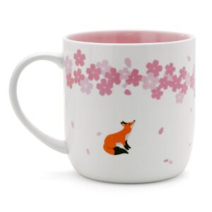 Teagas Elegant Pink Cherry Blossom Fox Ceramic Fox Coffee Mug Cup, Gift for Friend Teacher Cousin