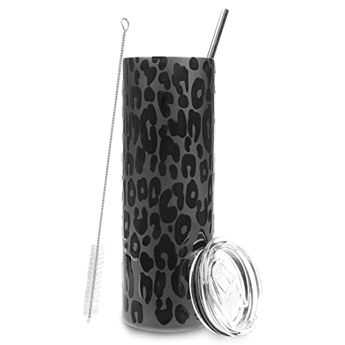 artlion 20 oz Leopard Tumbler Black Skinny Insulated Coffee Cup with Lid and Straw for Cold Hot Drinks