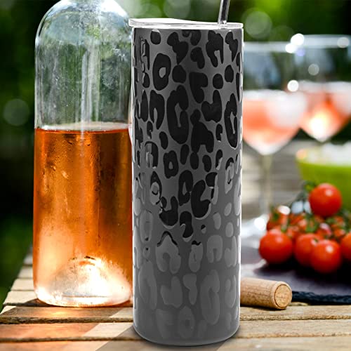 artlion 20 oz Leopard Tumbler Black Skinny Insulated Coffee Cup with Lid and Straw for Cold Hot Drinks