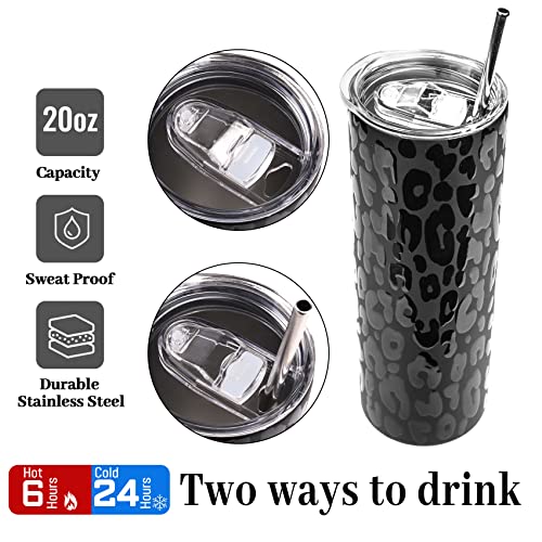 artlion 20 oz Leopard Tumbler Black Skinny Insulated Coffee Cup with Lid and Straw for Cold Hot Drinks