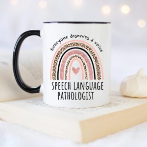 YouNique Designs Everyone Deserves a Voice SLP Mug, 11 Ounces, Speech Language Pathology Coffee Mug, Speech Language Pathology Cup for Women, Speech Language Pathologist Mug for Her (Black Handle)