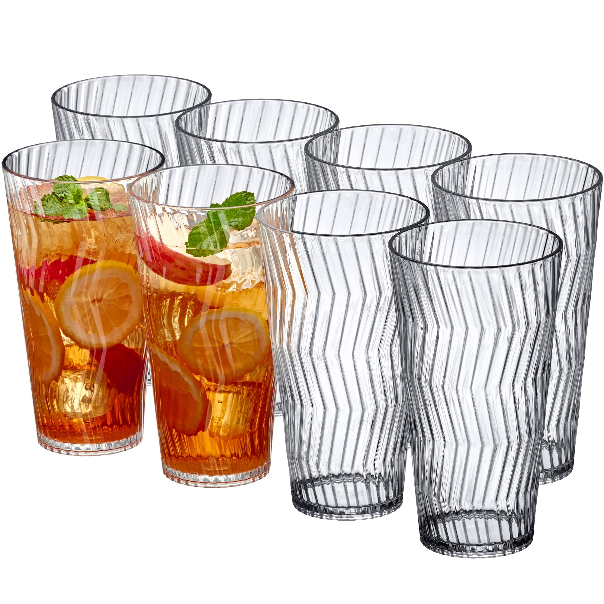 Amazing Abby - Stream - 24-Ounce Plastic Tumblers (Set of 8), Plastic Drinking Glasses, All-Clear High-Balls, Reusable Plastic Cups, Stackable, BPA-Free, Shatter-Proof, Dishwasher-Safe