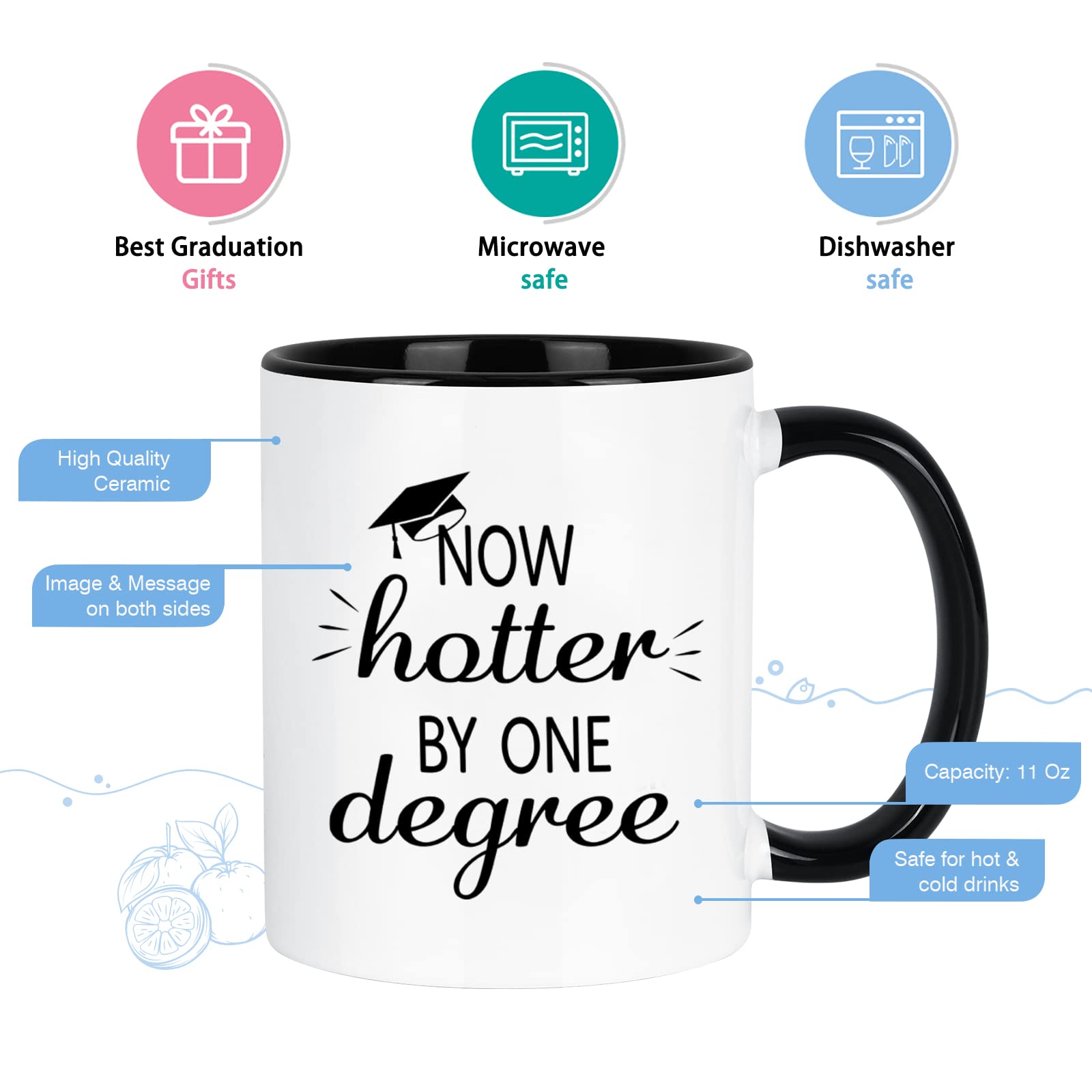 YHRJWN - Graduation Gifts, Now Hotter By One Degree Coffee Mug, Graduation Gifts for Woman Men Her Girls Friends, Christmas Gifts for Masters Degree PHD Graduates Grad College 11 Oz with Keychain