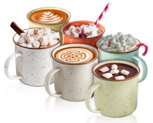 speckled campfire style mugs - set of 6-14 oz - cozy colors -coffee cups - camping coffee mugs - ceramic | enamel - use for tea/hot drinks