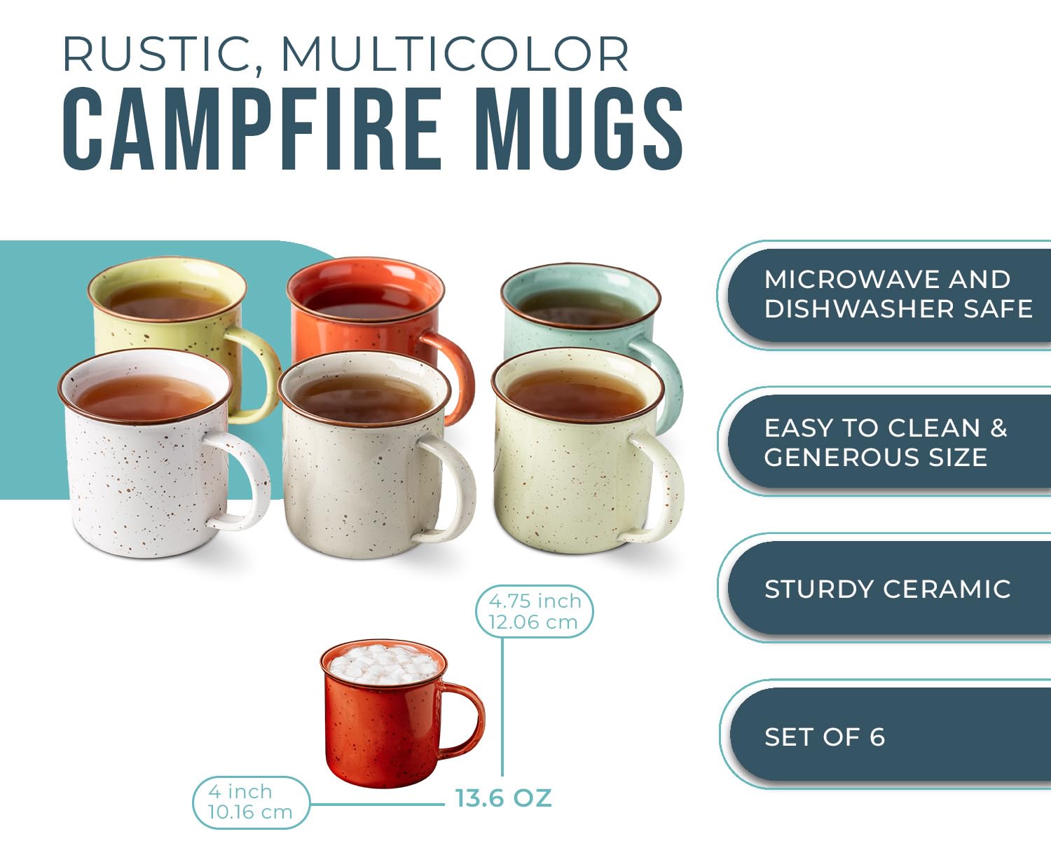 Speckled Campfire Style Mugs - Set of 6-14 oz - Cozy Colors -Coffee Cups - Camping Coffee Mugs - Ceramic | Enamel - Use for Tea/Hot Drinks