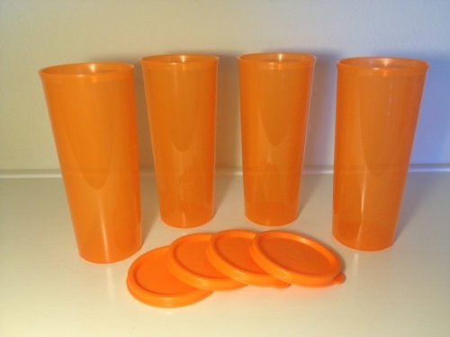 NEW TUPPERWARE TUMBLERS 16 OZ CLASSIC STRAIGHT SIDES ORANGE WITH SEALS SET OF 4