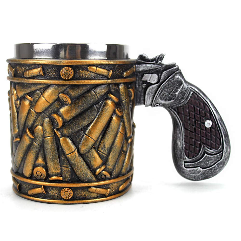 XuanAn Cool Revolver Pistol Handle Bullet Cup Beer Coffee Gun Shape Handle Mug with Ammo Bullet Round Shells Christmas Halloween Gifts, M (PJ893L)