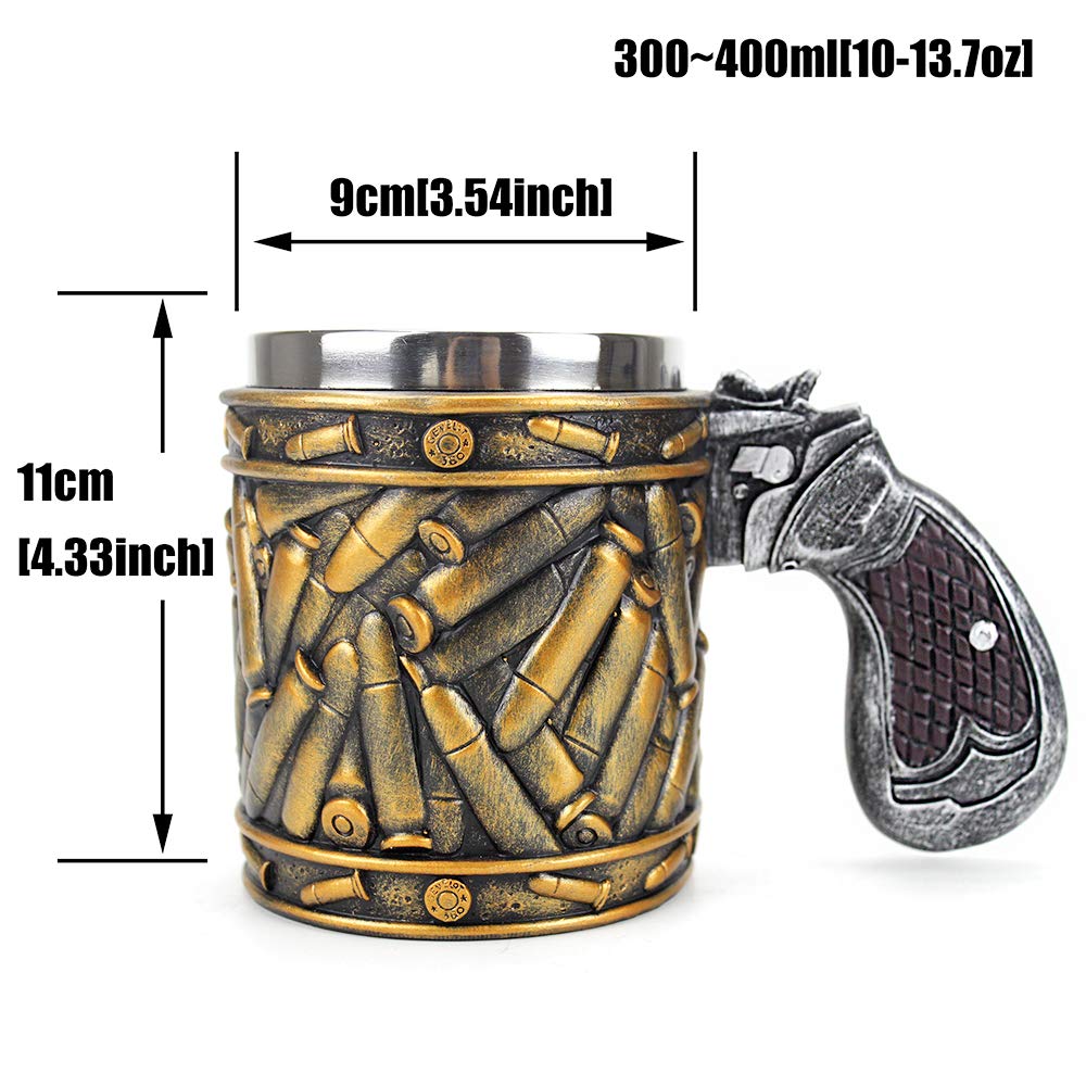 XuanAn Cool Revolver Pistol Handle Bullet Cup Beer Coffee Gun Shape Handle Mug with Ammo Bullet Round Shells Christmas Halloween Gifts, M (PJ893L)