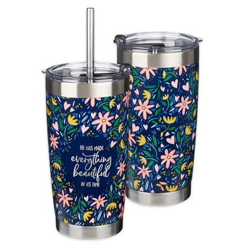 Christian Art Gifts Stainless Steel Double-Wall Vacuum Insulated Tumbler w/Straw & Lid 18 oz Navy Floral Inspirational Bible Verse Travel Mug for Women - Everything Beautiful - Ecc. 3:11