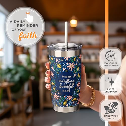 Christian Art Gifts Stainless Steel Double-Wall Vacuum Insulated Tumbler w/Straw & Lid 18 oz Navy Floral Inspirational Bible Verse Travel Mug for Women - Everything Beautiful - Ecc. 3:11