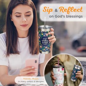 Christian Art Gifts Stainless Steel Double-Wall Vacuum Insulated Tumbler w/Straw & Lid 18 oz Navy Floral Inspirational Bible Verse Travel Mug for Women - Everything Beautiful - Ecc. 3:11