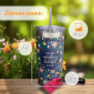 Christian Art Gifts Stainless Steel Double-Wall Vacuum Insulated Tumbler w/Straw & Lid 18 oz Navy Floral Inspirational Bible Verse Travel Mug for Women - Everything Beautiful - Ecc. 3:11