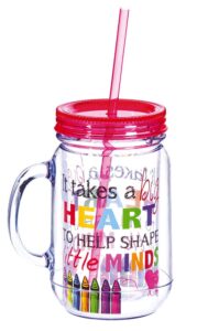 cypress home teacher appreciation 20 oz gift mug it takes a big heart to help shape little minds | red | double wall insulated mason jar with straw | 6.25-in tall x 5-in wide