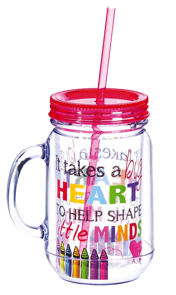 Cypress Home Teacher Appreciation 20 oz Gift Mug It Takes A Big Heart To Help Shape Little Minds | Red | Double Wall Insulated Mason Jar With Straw | 6.25-in Tall x 5-in Wide