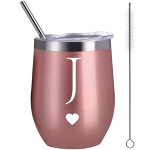 calltoge personalized initial gifts 12 ounces stainless steel wine tumbler with straw brush rose gold insulted mug wedding bridesmaid birthday graduation gift for men women monogrammed gift (j)