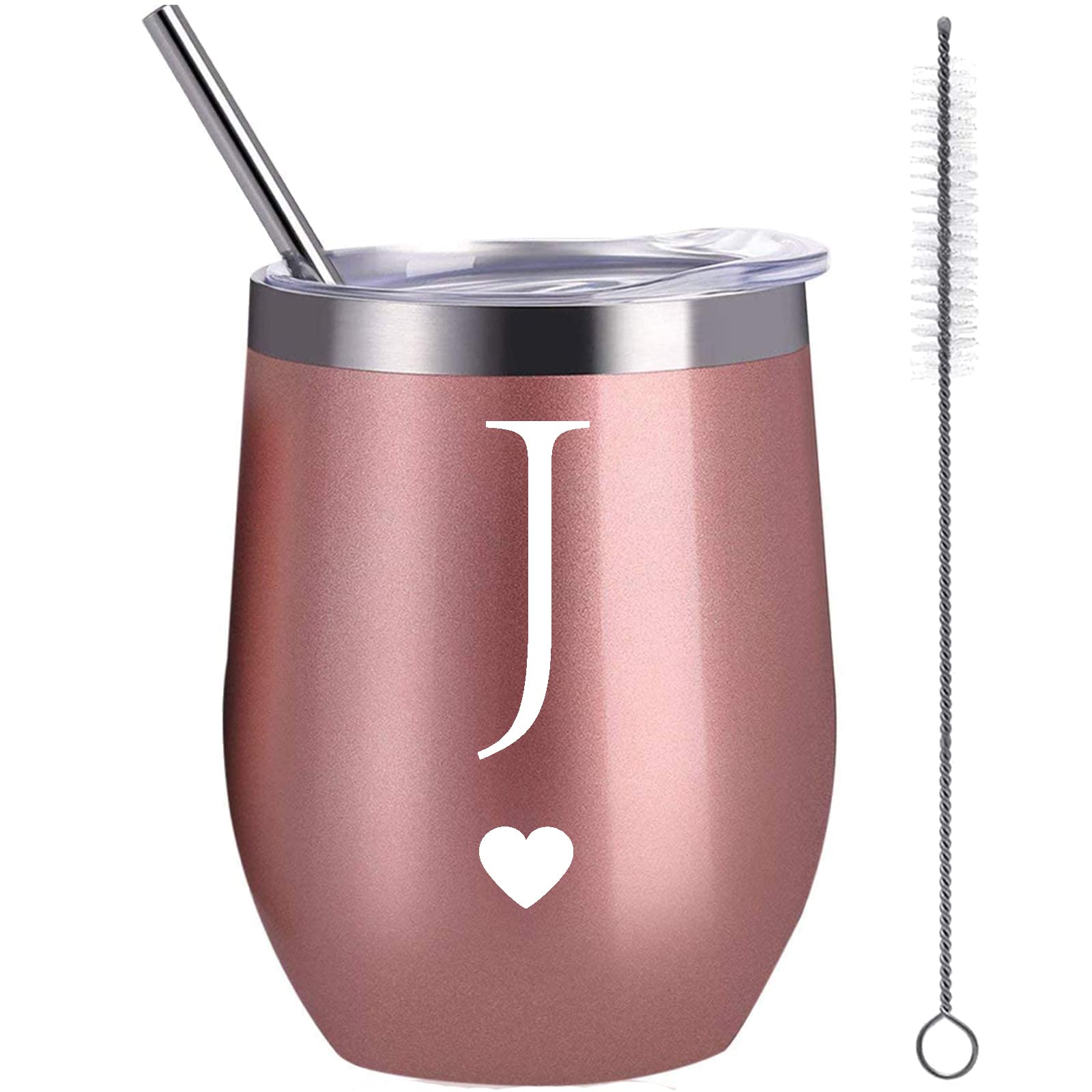 Calltoge Personalized Initial Gifts 12 Ounces Stainless Steel Wine Tumbler with Straw Brush Rose Gold Insulted Mug Wedding Bridesmaid Birthday Graduation Gift for Men Women Monogrammed Gift (J)