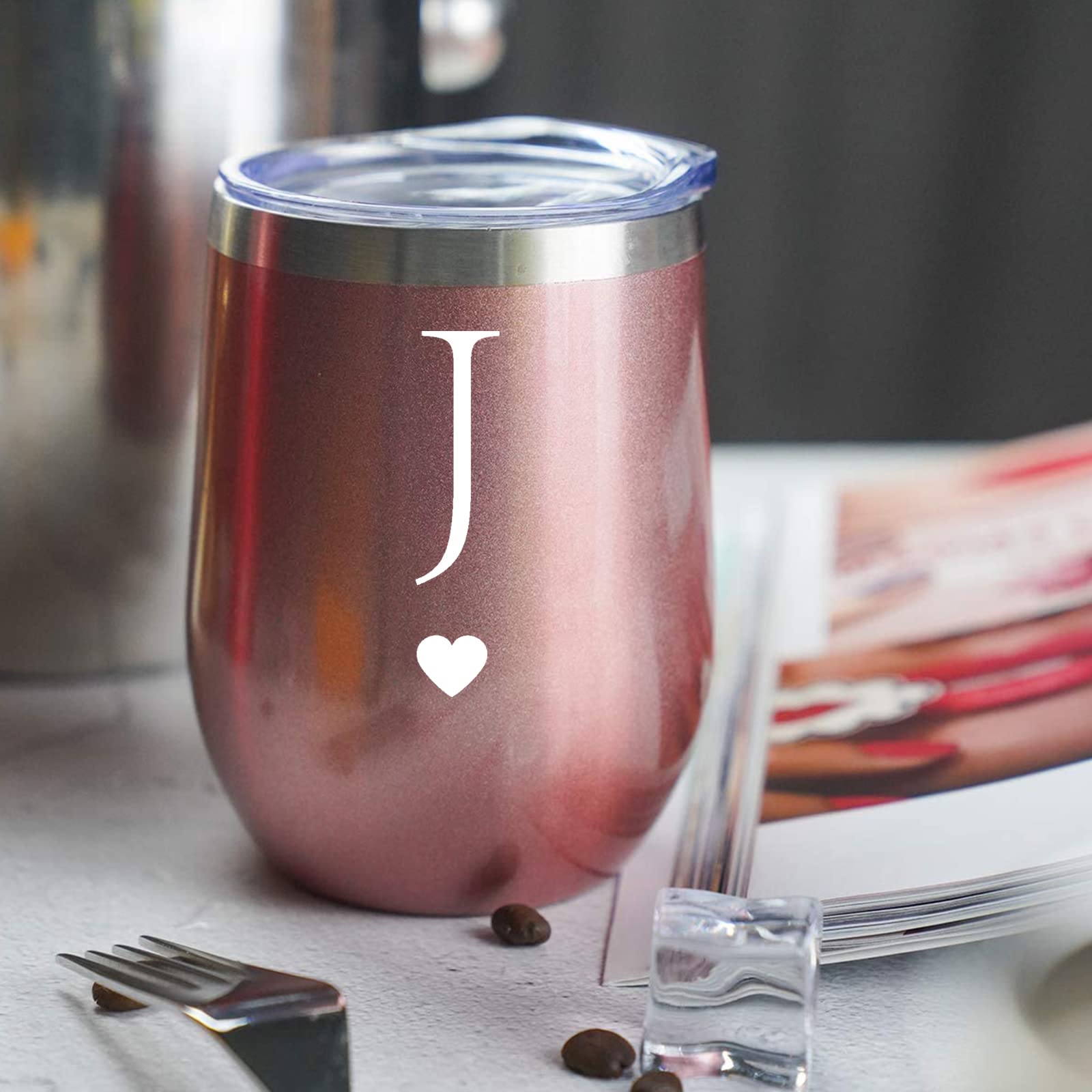 Calltoge Personalized Initial Gifts 12 Ounces Stainless Steel Wine Tumbler with Straw Brush Rose Gold Insulted Mug Wedding Bridesmaid Birthday Graduation Gift for Men Women Monogrammed Gift (J)