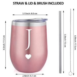 Calltoge Personalized Initial Gifts 12 Ounces Stainless Steel Wine Tumbler with Straw Brush Rose Gold Insulted Mug Wedding Bridesmaid Birthday Graduation Gift for Men Women Monogrammed Gift (J)