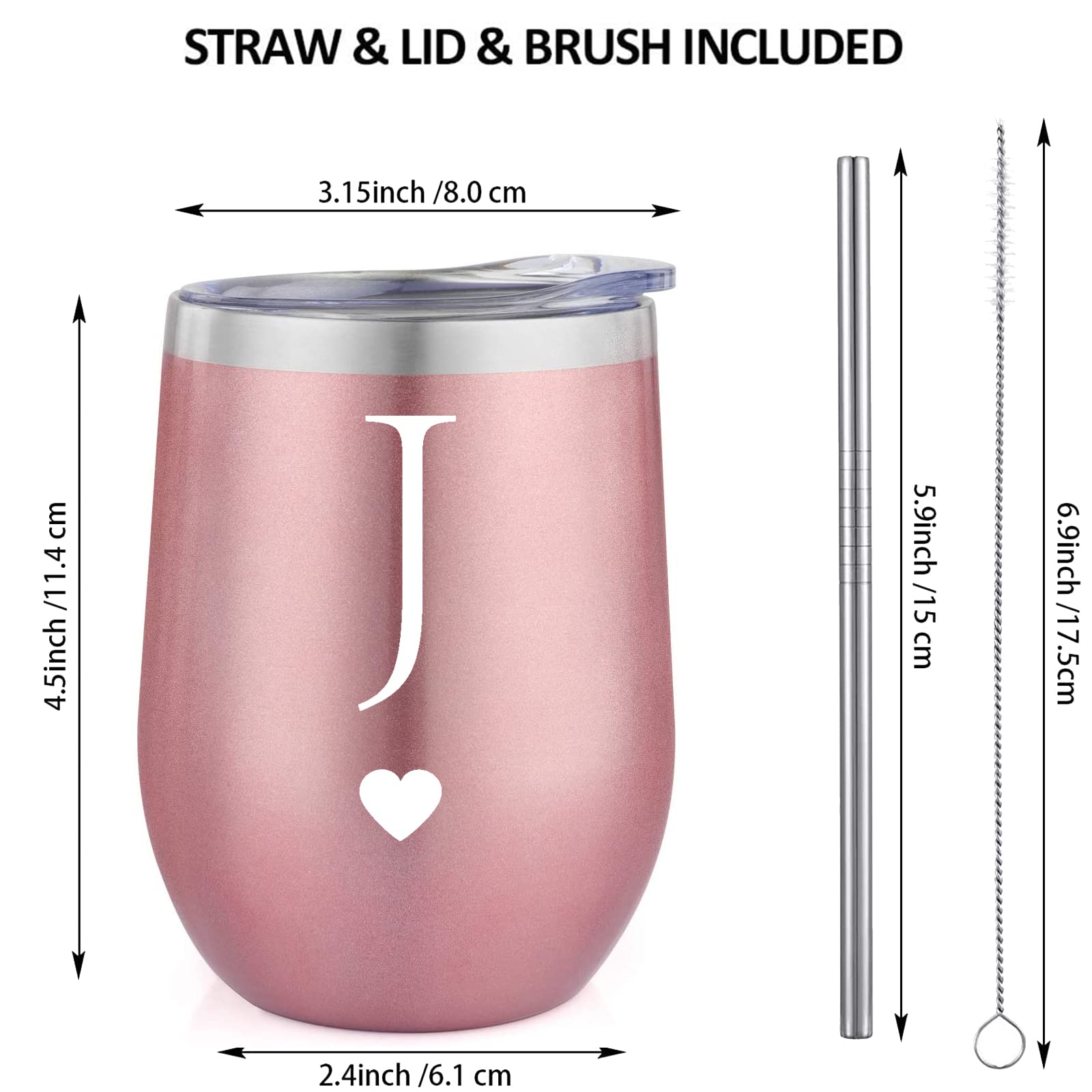 Calltoge Personalized Initial Gifts 12 Ounces Stainless Steel Wine Tumbler with Straw Brush Rose Gold Insulted Mug Wedding Bridesmaid Birthday Graduation Gift for Men Women Monogrammed Gift (J)