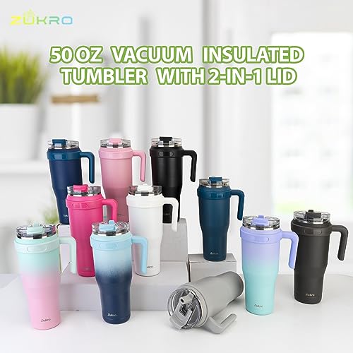 Zukro 50 oz Mug Tumbler With Handle And 2-in-1 Straw Lid, Insulated Stainless Steel Large Leak Proof Travel Cup with Flip Straw,Fit in Cup Holder, Keeps Cold for 30 Hours or Hot 10 Hours, Coal