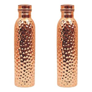arts of india pure copper water bottle, drink ware set, capacity 1000 ml, set of 2 ((hammered 2)