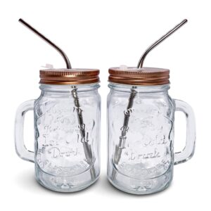 home suave - mason jar mugs with handle, regular mouth colorful lids with 2 reusable stainless steel straw, set of 2 (rose gold), kitchen glass 16 oz jars,refreshing ice cold drink & dishwasher safe