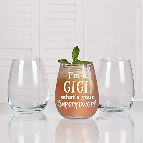 I'm A Gigi What's Your Superpower Wine Glass, Stemless Wine Glass 15Oz for Grandma, New Grandma, Grandma to be - Unique Idea for Birthday, Christmas, Mother's Day