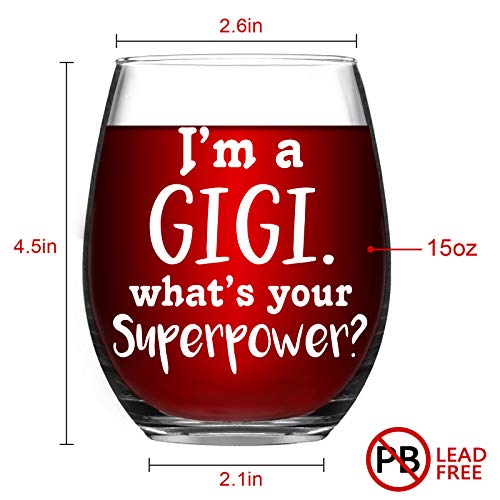 I'm A Gigi What's Your Superpower Wine Glass, Stemless Wine Glass 15Oz for Grandma, New Grandma, Grandma to be - Unique Idea for Birthday, Christmas, Mother's Day