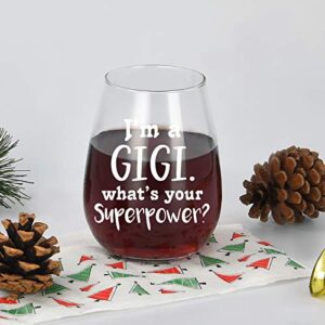 I'm A Gigi What's Your Superpower Wine Glass, Stemless Wine Glass 15Oz for Grandma, New Grandma, Grandma to be - Unique Idea for Birthday, Christmas, Mother's Day