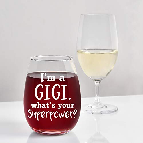 I'm A Gigi What's Your Superpower Wine Glass, Stemless Wine Glass 15Oz for Grandma, New Grandma, Grandma to be - Unique Idea for Birthday, Christmas, Mother's Day