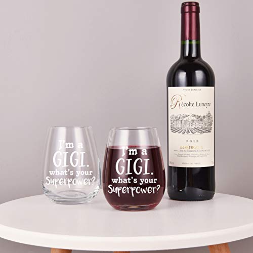 I'm A Gigi What's Your Superpower Wine Glass, Stemless Wine Glass 15Oz for Grandma, New Grandma, Grandma to be - Unique Idea for Birthday, Christmas, Mother's Day