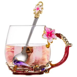 sheeyee tea cup birthday gift for mom glass enamel lily flower tea set with spoon gift for her women for mother's day