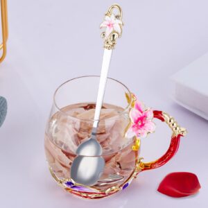 SHEEYEE Tea Cup Birthday Gift for Mom Glass Enamel Lily Flower Tea set with Spoon Gift for Her Women for Mother's Day