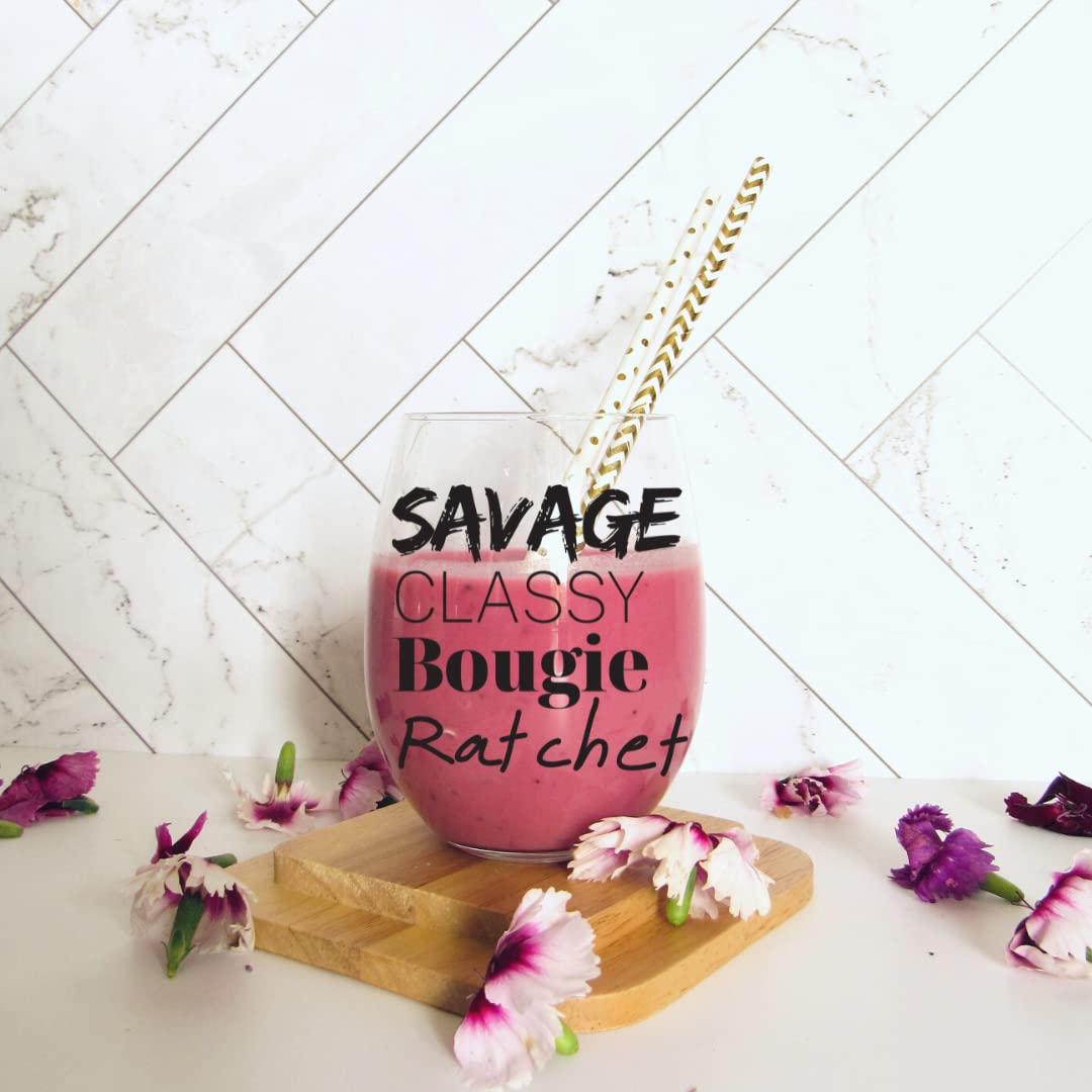 Celebrimo Savage Classy Bougie Ratchet Funny Stemless Wine Glass - Christmas Gifts For Friends & Sister - Funny Best Friend White Elephant Gifts For Women
